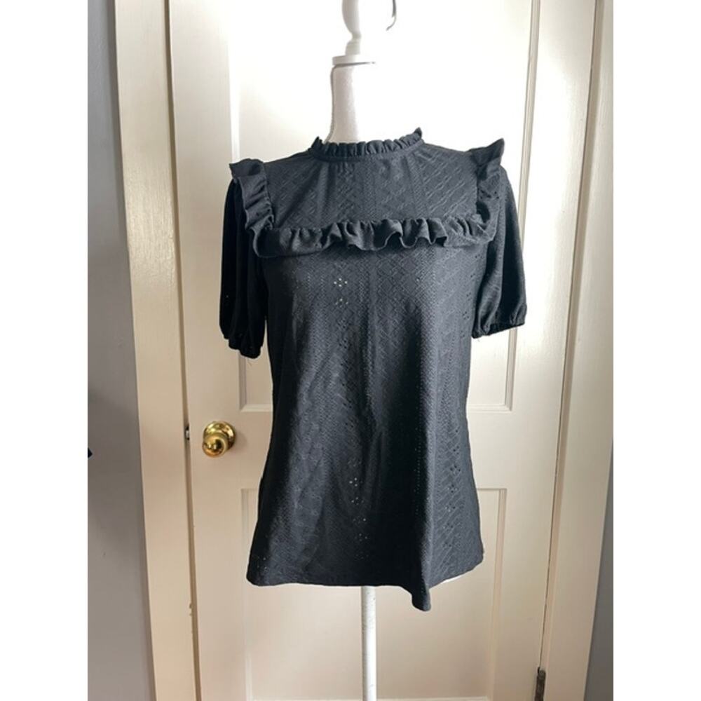 Black Puff Sleeve Eyelet Ruffle Blouse Cottagecore Gothic Romantic Top M